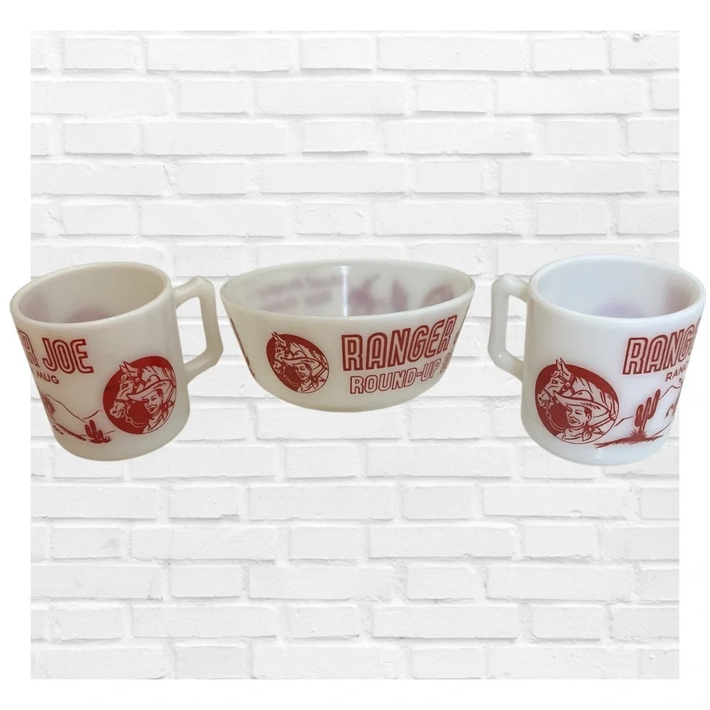 Vintage Ranger Joe Round Up Bowl and Mug Set Hazel Atlas Milk Glass 1950's Rare